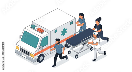 Medical team rushing patient to ambulance.