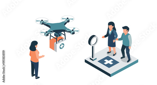 People interacting with delivery drone.