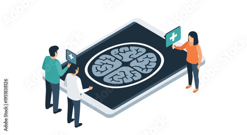 People interacting with brain graphic.