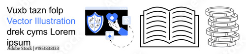 Data protection, healthcare, study resources, financial planning, online education, productivity. Shield and hand with a heart icon, book and stacked coins. Digital security and healthcare concept