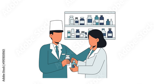 Pharmacist and customer in pharmacy.
