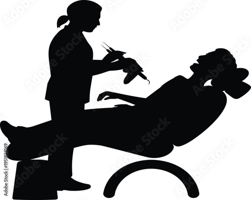 Dental care silhouette illustration, dentist treating patient in reclining chair with instruments, professional healthcare theme, vector art, black isolated bold design for medical visuals
