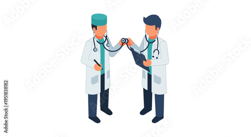 Two doctors in white coats fist bumping.