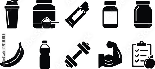 Bodybuilding supplement and fitness nutrition icons with line art details