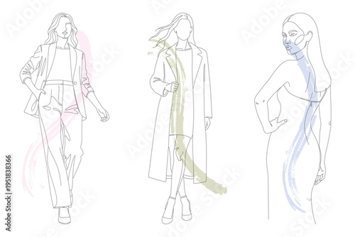 Elegant Women Fashion Sketches: Hand-Drawn Continuous Line Art Vector Illustration for Design Projects