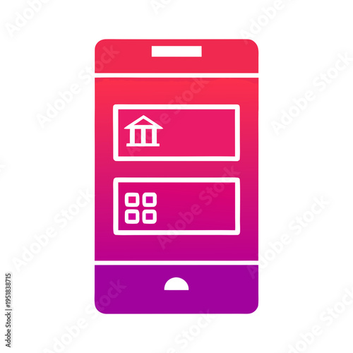 Mobile banking app interface with financial icons and vibrant gradient background
