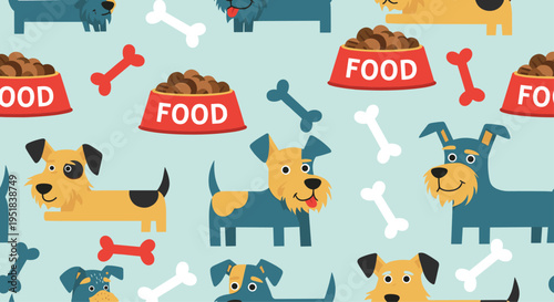 Playful seamless pattern featuring cute dogs, bowls filled with food, and bones over a light blue background for pet lovers.
