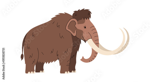 Large woolly mammoth with thick brown fur and long curved white tusks stands majestically in a prehistoric scene.