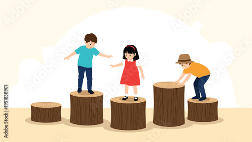 Three children playing outdoors by stepping and climbing on tree stumps representing active and adventurous childhood play.