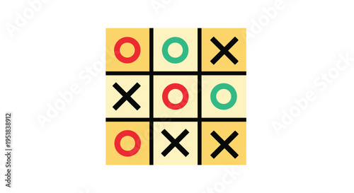 Completed tic-tac-toe game board with colorful circles and crosses in a grid over a yellow and beige background.