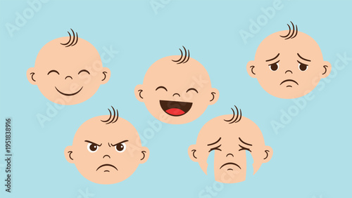Collection of five baby faces displaying various emotions such as happiness sadness anger and laughter for psychological studies.