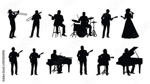 Silhouettes of musicians playing various instruments