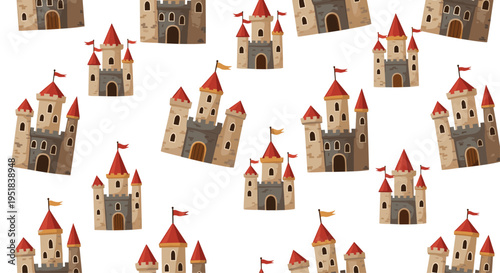 Seamless pattern of various medieval stone castles with red towers and flags scattered across a white background.