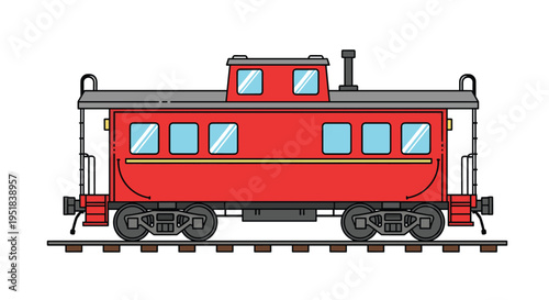 Classic red train caboose with blue windows stands on a section of track against a clean white background as an icon.