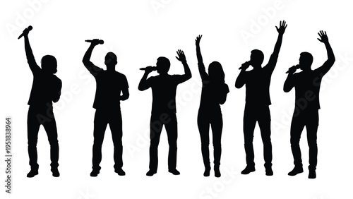 Six people standing in a row with their arms raised