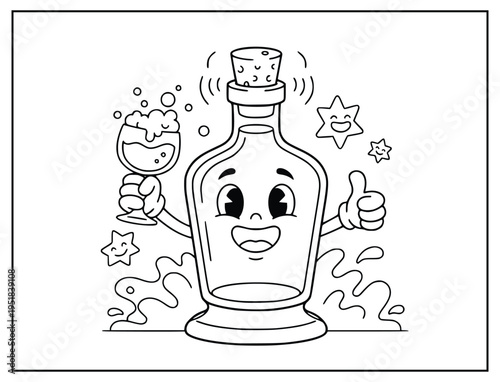 Coloring book illustration with a cute character bottle holding a drink