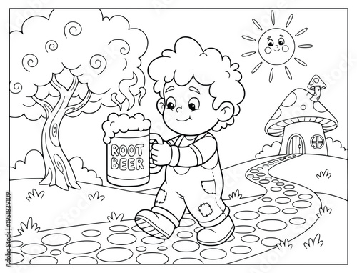Coloring book illustration with a boy holding root beer and a party juice