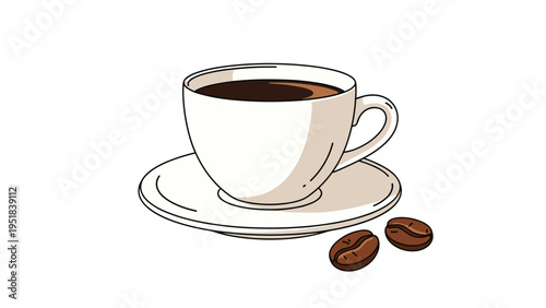 Simple and inviting illustration of a white ceramic cup filled with hot black coffee sitting on a saucer next to roasted coffee beans.
