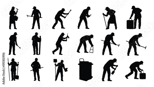 Collection of black silhouettes of people performing various actions