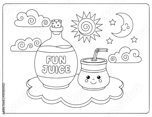 Juice coloring page with a cute bottle and cup under the sun and the moon