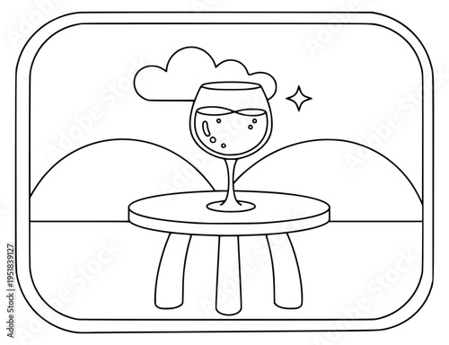 Illustrating coloring page with a drink glass on a table near hills and cloud
