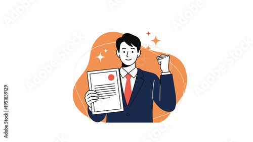 Proud businessman in a suit holding up a certificate or diploma while clenching his fist in a gesture of success and achievement.