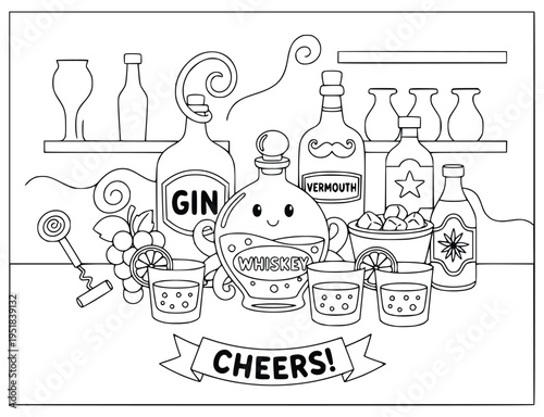 Liquor coloring page featuring various alcohol bottles with a cheers banner