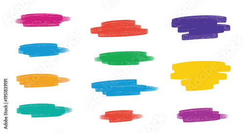 Collection of colorful brush strokes and paint smears in various shades of pink, blue, orange, and green is arranged in three columns.