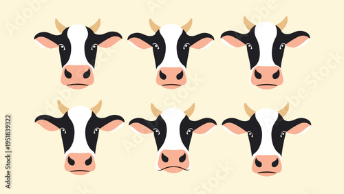 Set of six identical cow faces with black and white patches and small horns arranged in two rows on a light yellow background.