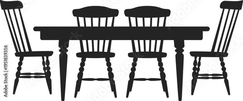 Dining table silhouette illustration, four traditional chairs with spindled backs surrounding classic turned-leg table, home furnishing theme, vector art, black isolated bold design