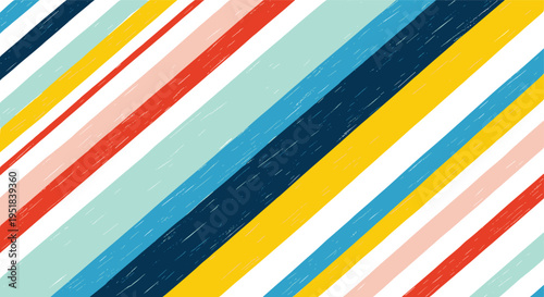 Vibrant abstract pattern features diagonal stripes of varying widths in blue, yellow, red, pink, and white with a slightly distressed texture.
