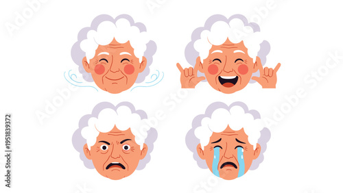 Set of four elderly woman faces showing various emotions like happiness laughter anger and sadness for character and emotion studies.