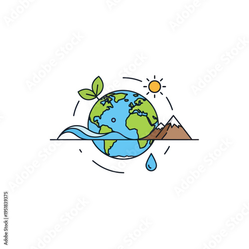 Earth globe with leaves, sun, mountains, and water icon