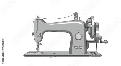 Classic vintage sewing machine is depicted in shades of grey and white with a spool of thread on top in a detailed vector drawing.