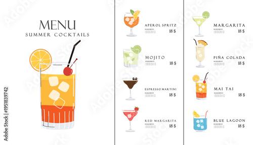 Summer cocktails set. Alcoholic drinks in different glasses. Cocktail menu illustration, stickers