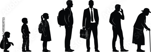 Black silhouettes showing human life cycle from child to elderly, aging process, growth stages of man and woman, isolated vector illustration
