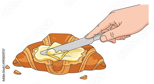 A stylized illustration depicts hands spreading butter onto a golden croissant highlighting a charming flat silhouette high quality professional detailed modern