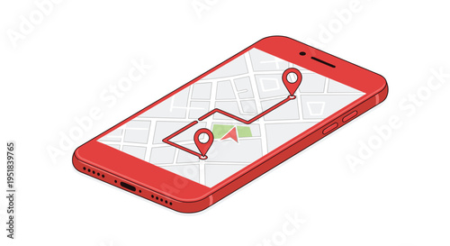 Red smartphone lying on its back displays a city map with a navigated route between two red location pins in an isometric view.
