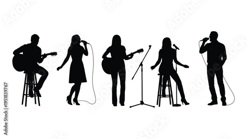 Five musicians performing on stage with microphones and guitars