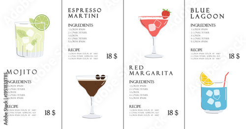 Summer cocktails set. Alcoholic drinks in different glasses. Cocktail menu illustration, stickers
