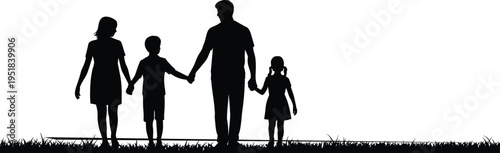 Family silhouette illustration, two adults with children standing together on grassy ground, unity and parenting theme, vector art, black isolated bold design for social visuals