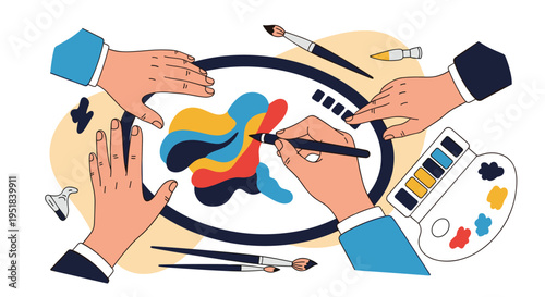 Four hands collaborate on a creative project using paint brushes, an ink pen, and a watercolor palette on a large white canvas.