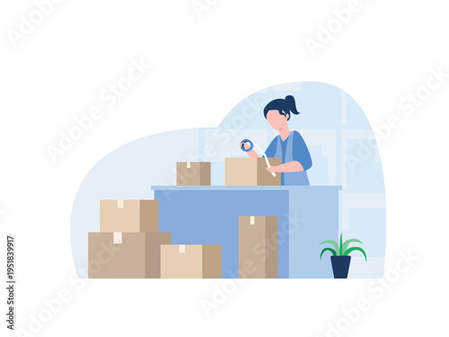 Woman packing boxes with tape dispenser for shipping or moving, illustration