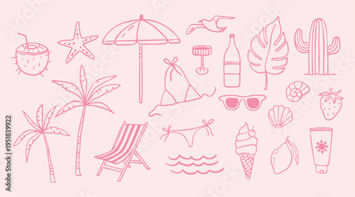 Hand draw summer collection. Palm, ice cream, sea. Crayon drawing style, Italian la dolce vita card	