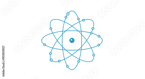 Scientific model of an atom shows a central nucleus surrounded by blue electron orbits and spheres in a clean vector illustration.