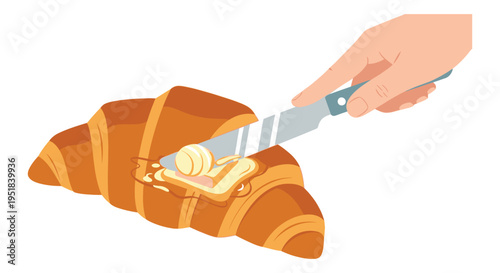A colorful illustration depicts a hand cutting a croissant with butter showcasing a vibrant flat design silhouette high quality professional detailed