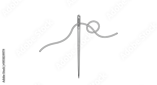 Thin silver sewing needle with a long dark thread passed through its eye is illustrated in a simple black and white line drawing.