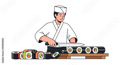 A cheerful sushi chef prepares various rolls with a sharp knife on a wooden board silhouette high quality professional detailed modern