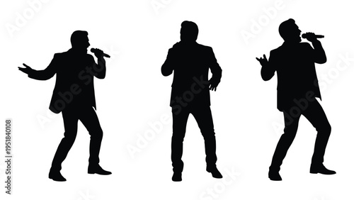 Three silhouettes of men singing into microphones