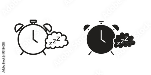 Alarm snooze icon set in black outline and fill. Editable icons